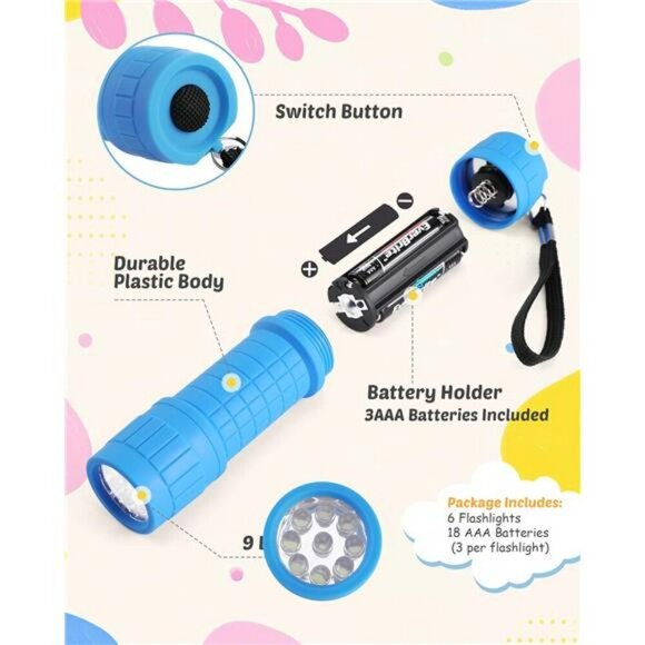 Mini LED Flashlight Set 6 Pack with Batteries Small Camping Emergency Lights - Picture 3 of 7